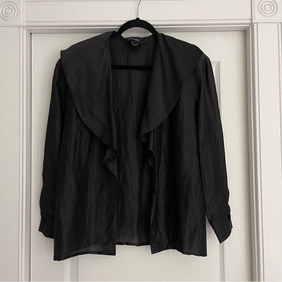 Lightweight Black Button Up Ruffled Blouse - Picture 1 of 7